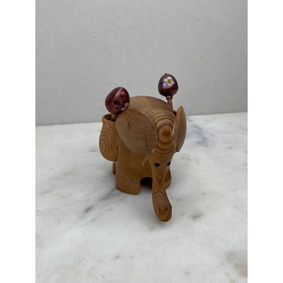 Hand Carved Wood Elephant Toothpick Holder Figurine Handpainted Maracas Trinket - Picture 3 of 11